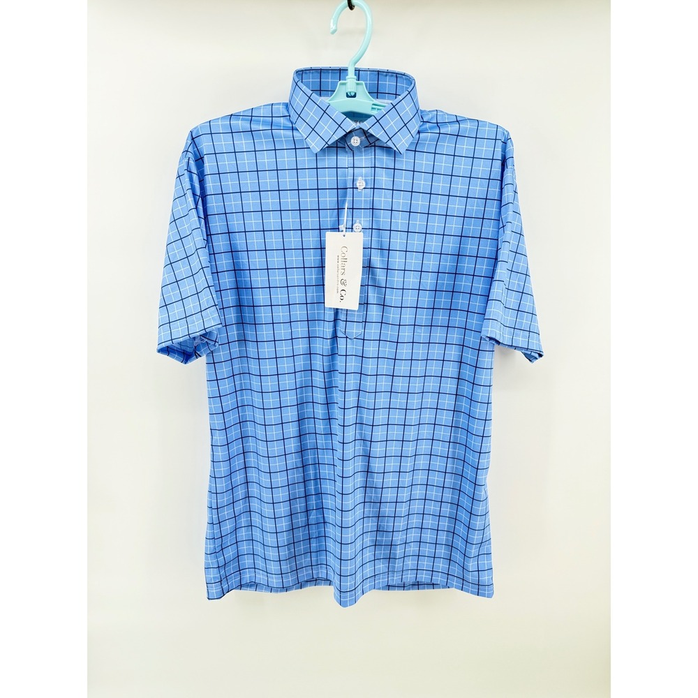 Collars & Co Men Medium Blue Check Short Sleeve Polo Dress Collar Shirt NWT